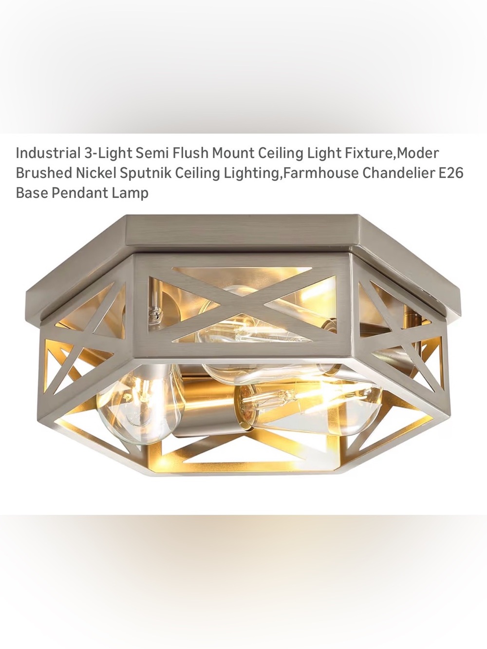 3-Light Semi Flush Mount Ceiling Light Fixture,Moder Brushed Nickel
